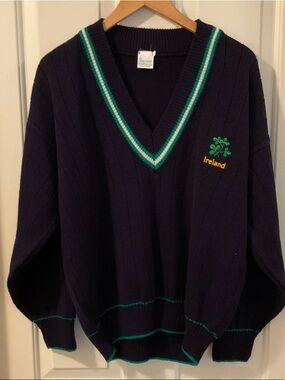 St Patricks Blue with Green Trim Irish Acrylic Sweater Made in Ireland.  Size L